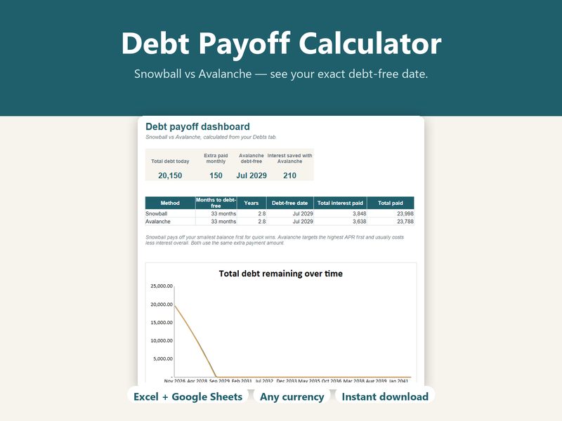 Debt Payoff Calculator cover showing the snowball vs avalanche dashboard